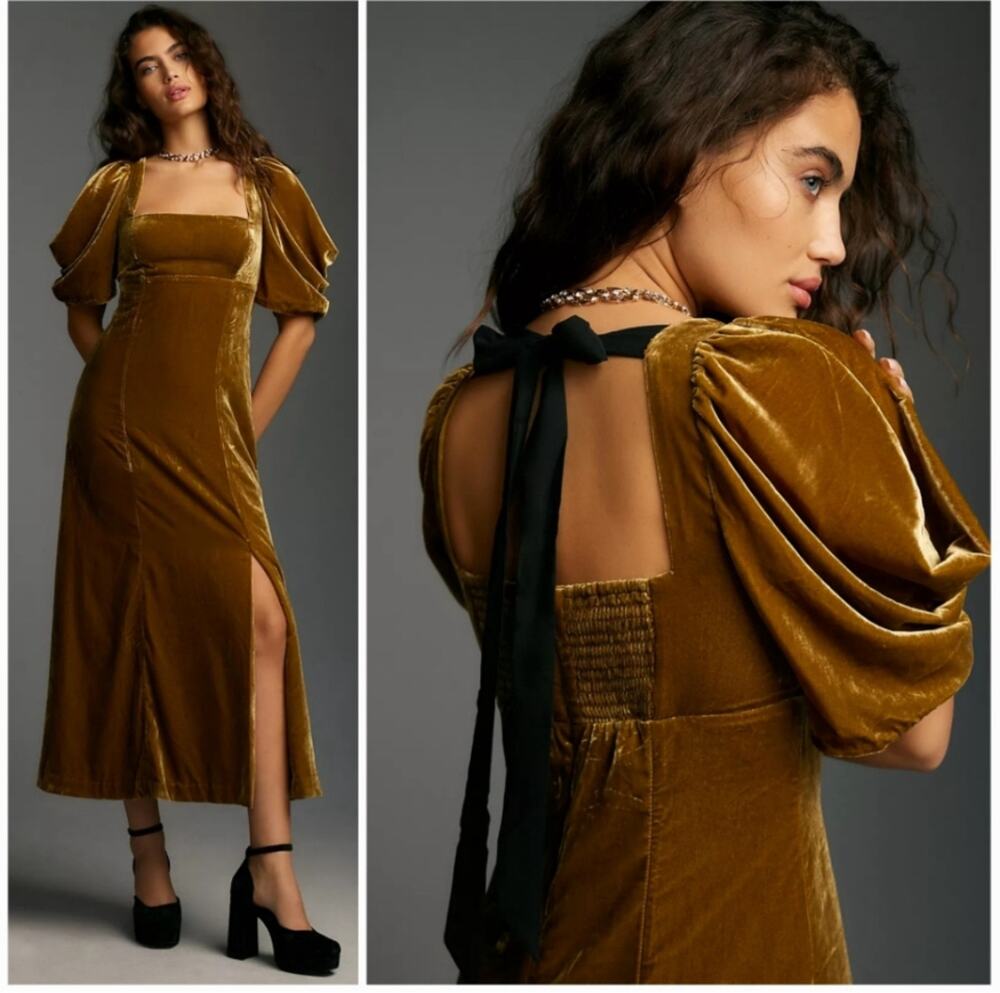 By Anthropologie Short-Sleeve Square-Neck Velvet Midi Dress Golden Mustard XS